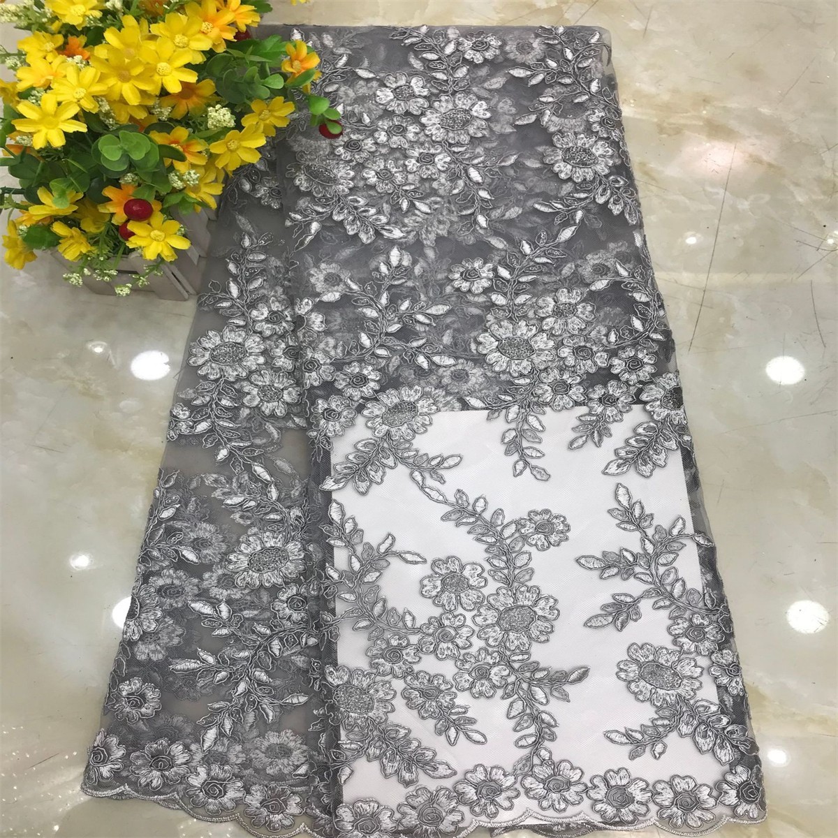 5 Yards Corded Sequin Embroidered Lace Fabric for Wedding & Evening Gowns