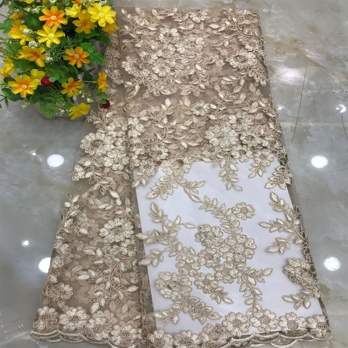 5 Yards Corded Sequin Embroidered Lace Fabric for Wedding & Evening Gowns