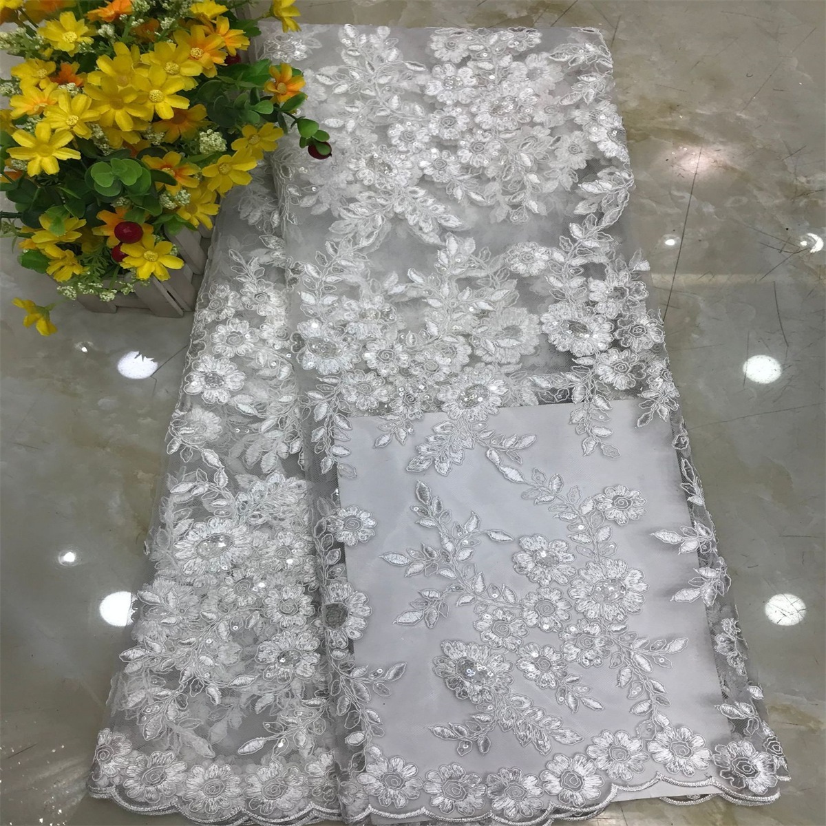 5 Yards Corded Sequin Embroidered Lace Fabric for Wedding & Evening Gowns