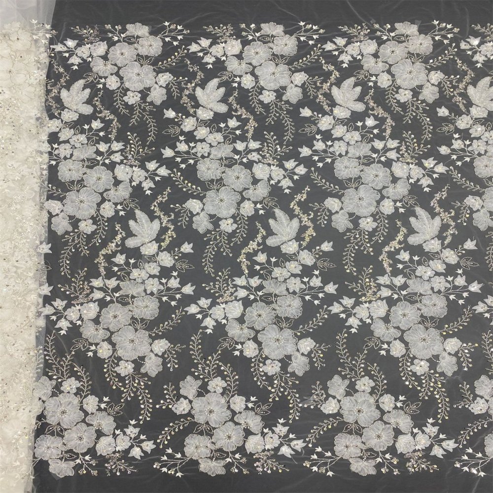 1 Yard Luxury White Sequin Crystal Pearl Beaded Embroidered Bridal Lace Fabric for Wedding & Evening Gowns TDD471