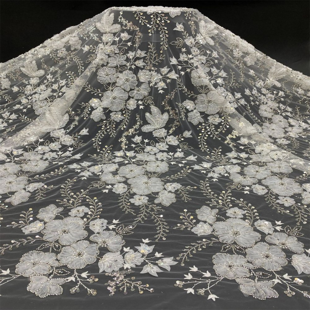 1 Yard Luxury White Sequin Crystal Pearl Beaded Embroidered Bridal Lace Fabric for Wedding & Evening Gowns TDD471