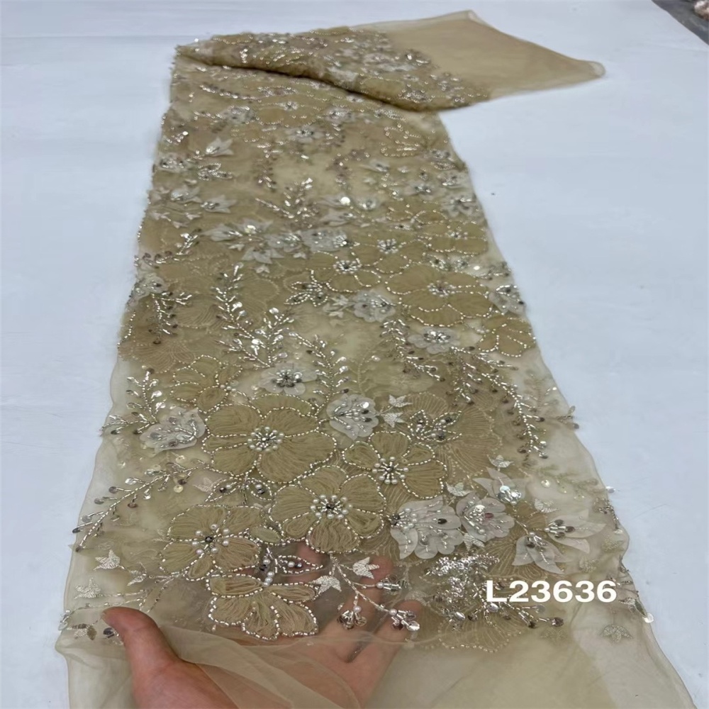 1 Yard Luxury White Sequin Crystal Pearl Beaded Embroidered Bridal Lace Fabric for Wedding & Evening Gowns TDD471