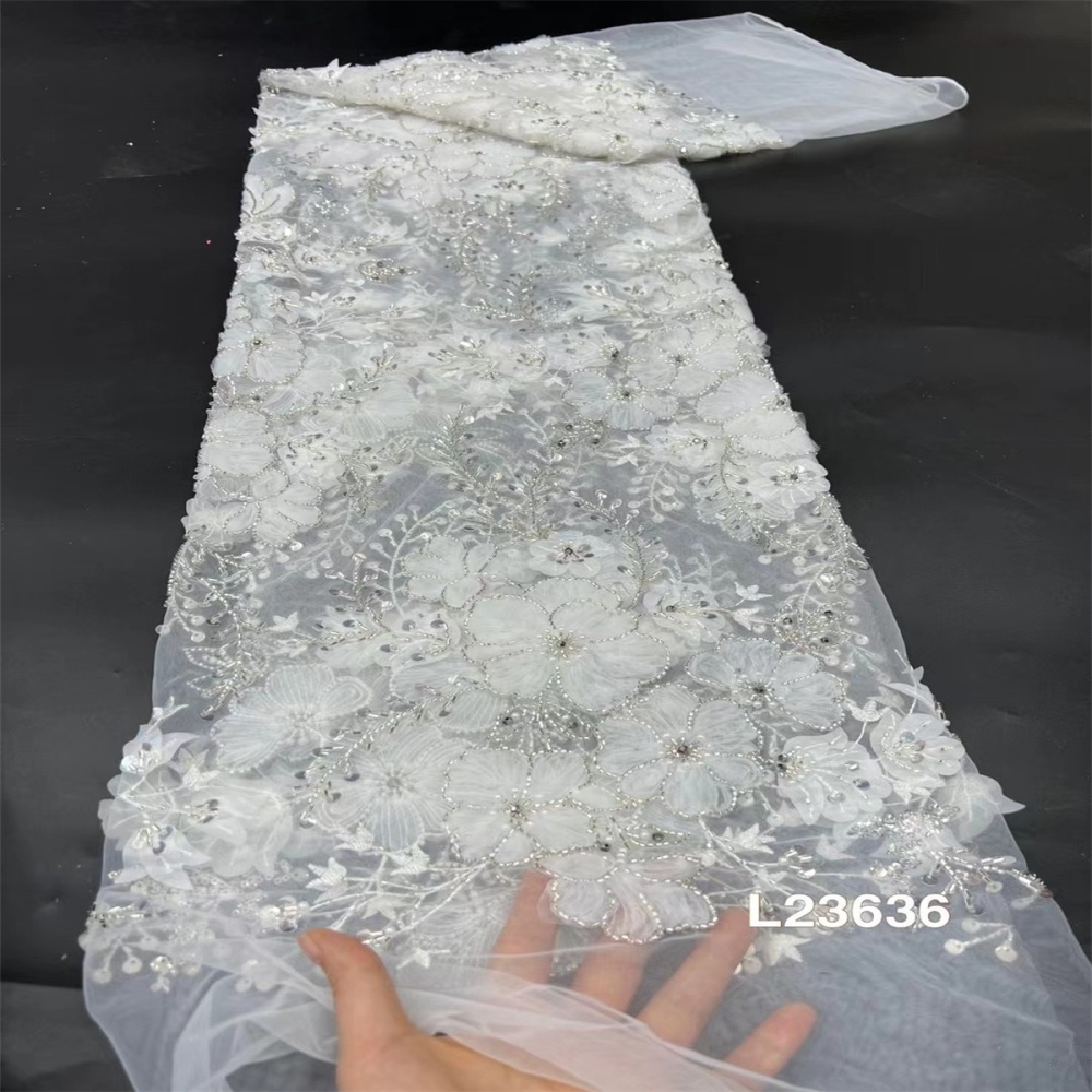 1 Yard Luxury White Sequin Crystal Pearl Beaded Embroidered Bridal Lace Fabric for Wedding & Evening Gowns TDD471