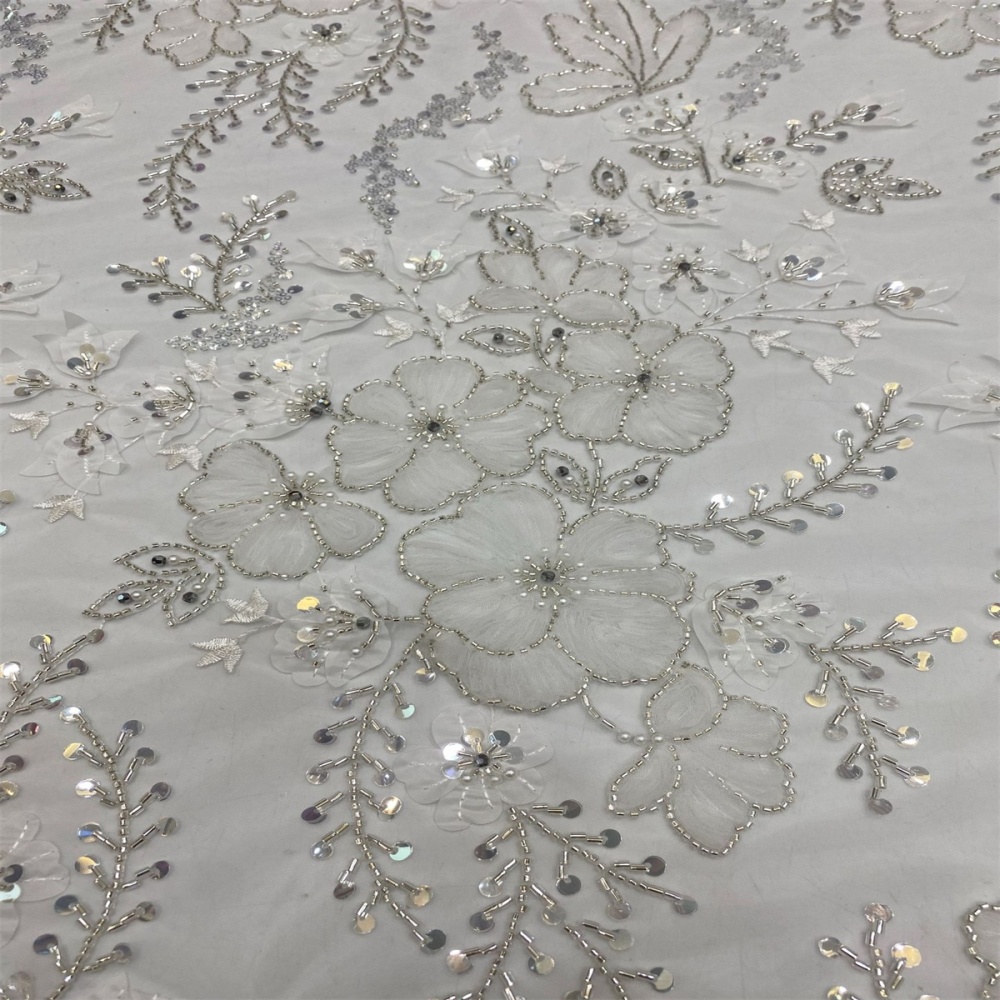 1 Yard Luxury White Sequin Crystal Pearl Beaded Embroidered Bridal Lace Fabric for Wedding & Evening Gowns TDD471