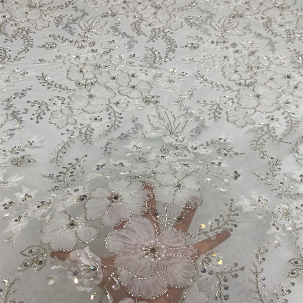 1 Yard Luxury White Sequin Crystal Pearl Beaded Embroidered Bridal Lace Fabric for Wedding & Evening Gowns TDD471