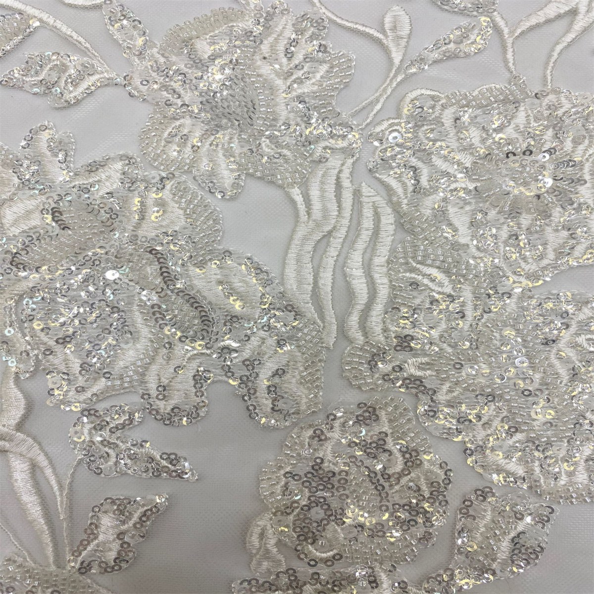 1 Yard Luxury White Sequin Crystal Pearl Beaded Embroidered Bridal Lace Fabric for Wedding & Evening Gowns TDD465