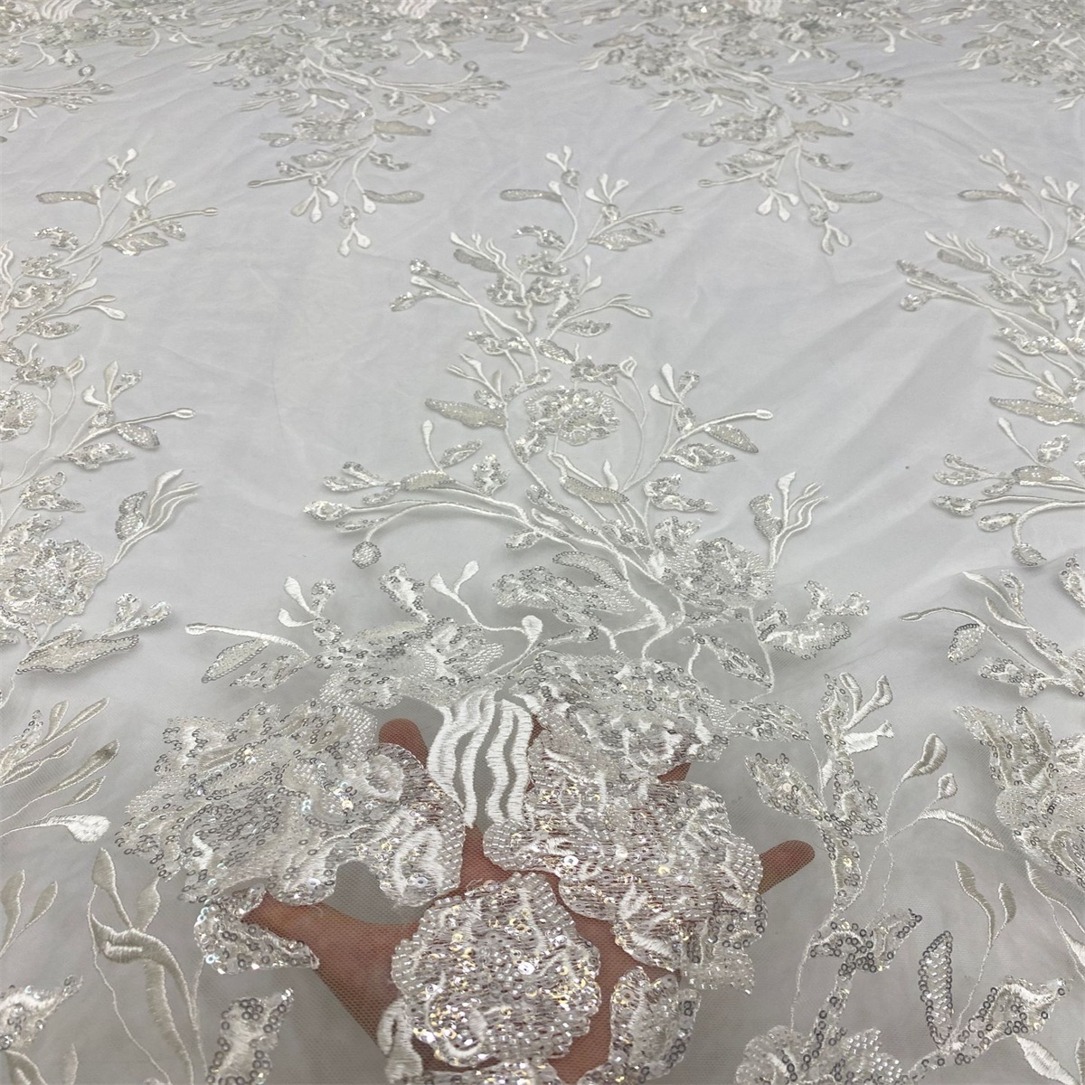 1 Yard Luxury White Sequin Crystal Pearl Beaded Embroidered Bridal Lace Fabric for Wedding & Evening Gowns TDD465