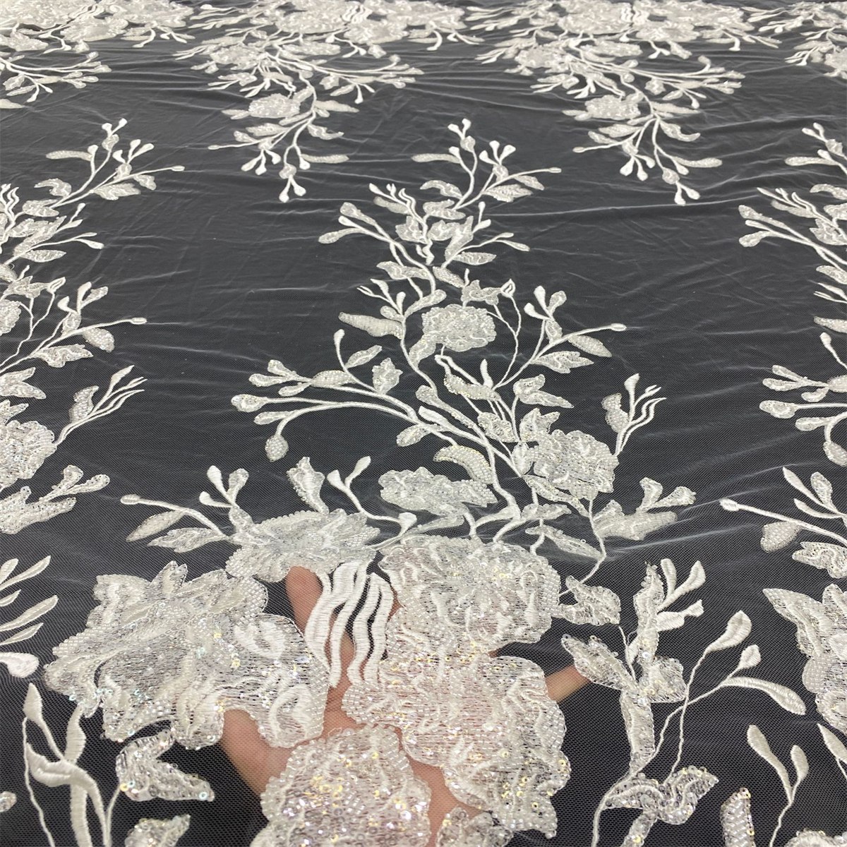 1 Yard Luxury White Sequin Crystal Pearl Beaded Embroidered Bridal Lace Fabric for Wedding & Evening Gowns TDD465