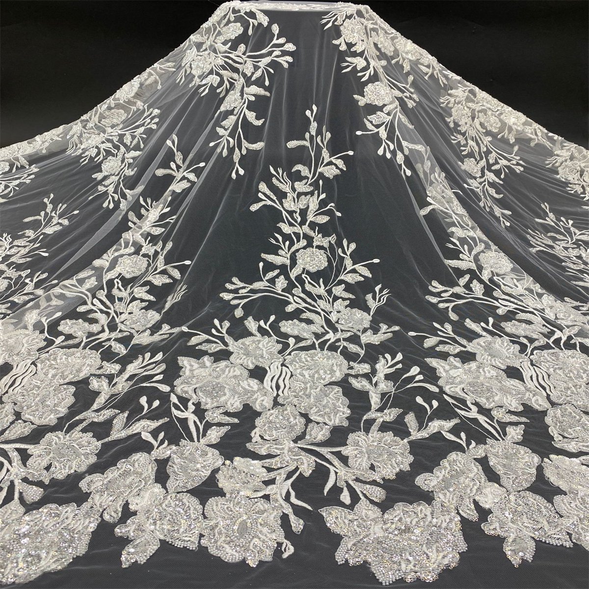1 Yard Luxury White Sequin Crystal Pearl Beaded Embroidered Bridal Lace Fabric for Wedding & Evening Gowns TDD465