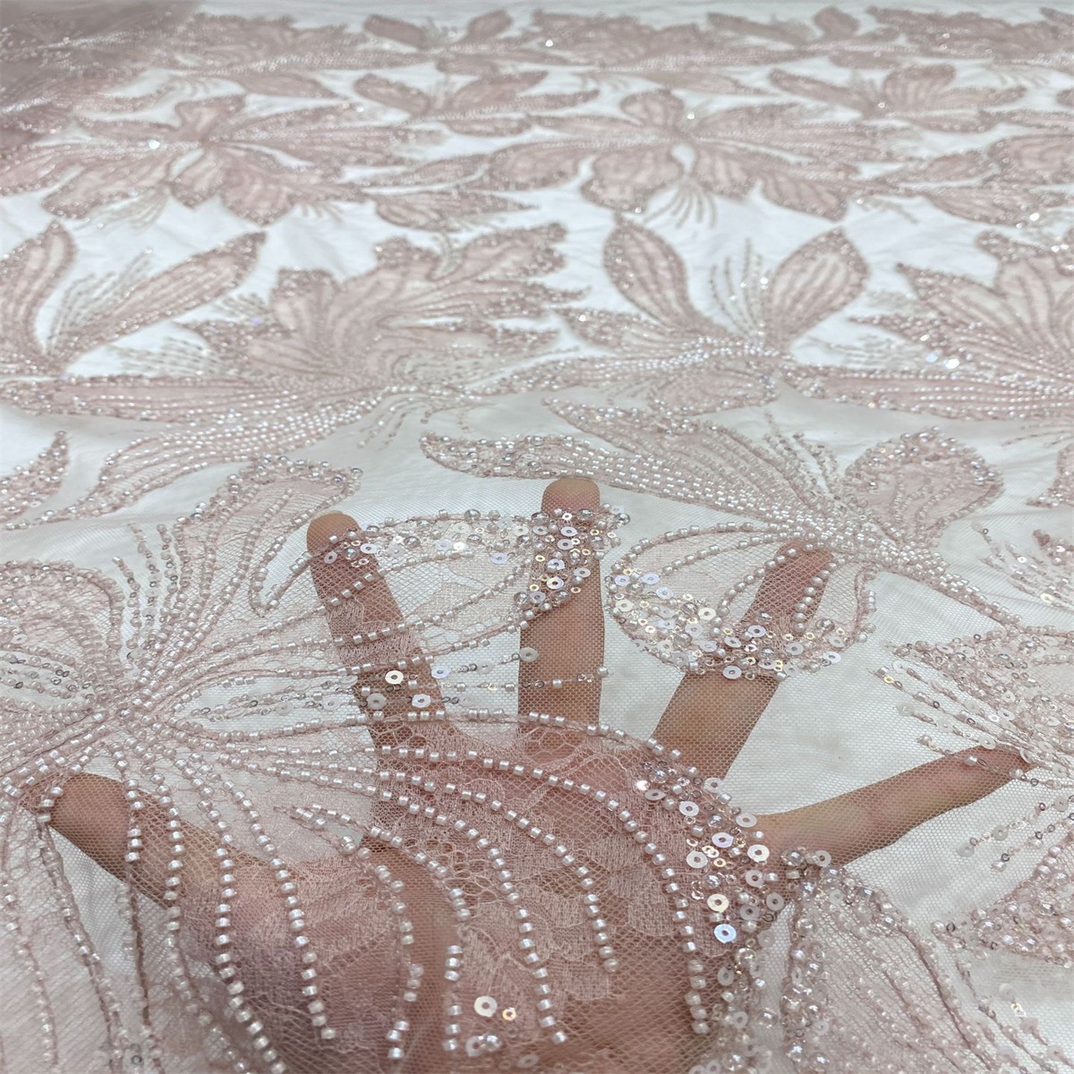 1 Yard Luxury White Sequin Crystal Pearl Beaded Embroidered Bridal Lace Fabric for Wedding & Evening Gowns