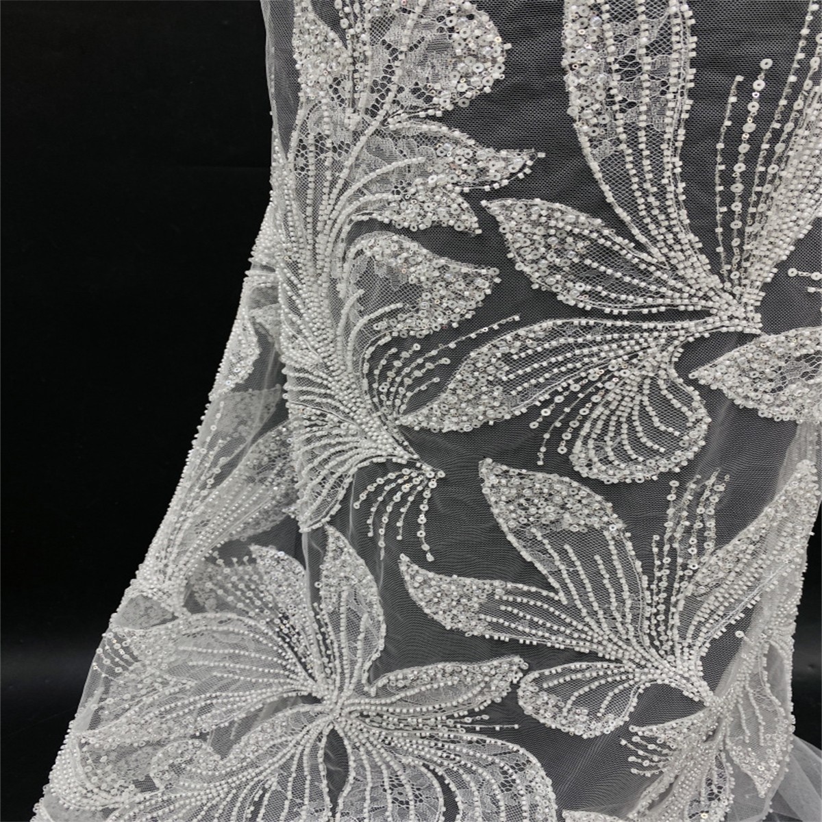 1 Yard Luxury White Sequin Crystal Pearl Beaded Embroidered Bridal Lace Fabric for Wedding & Evening Gowns