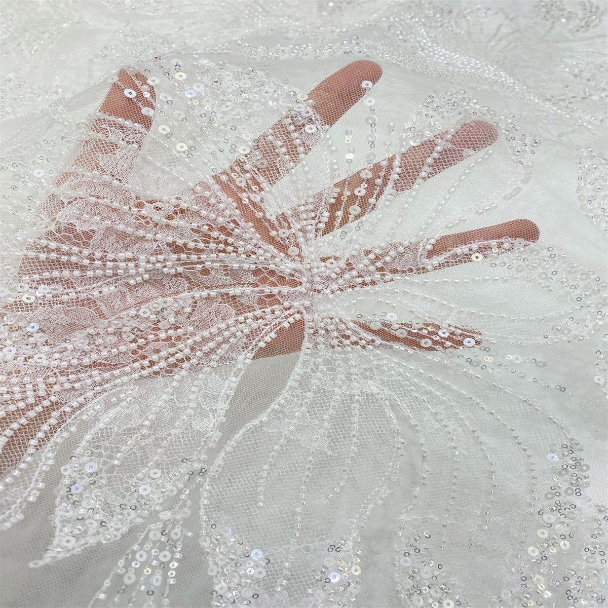 1 Yard Luxury White Sequin Crystal Pearl Beaded Embroidered Bridal Lace Fabric for Wedding & Evening Gowns