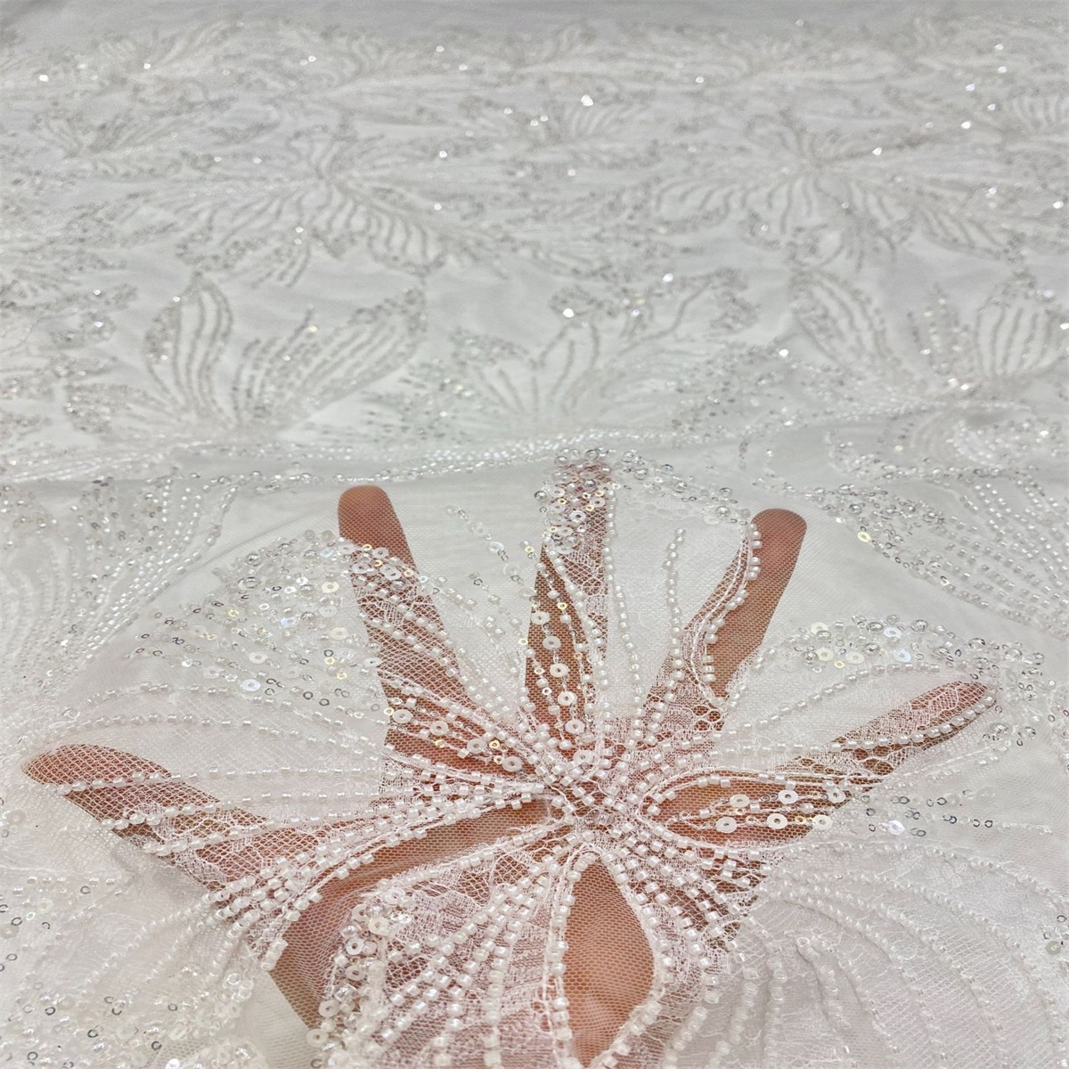 1 Yard Luxury White Sequin Crystal Pearl Beaded Embroidered Bridal Lace Fabric for Wedding & Evening Gowns