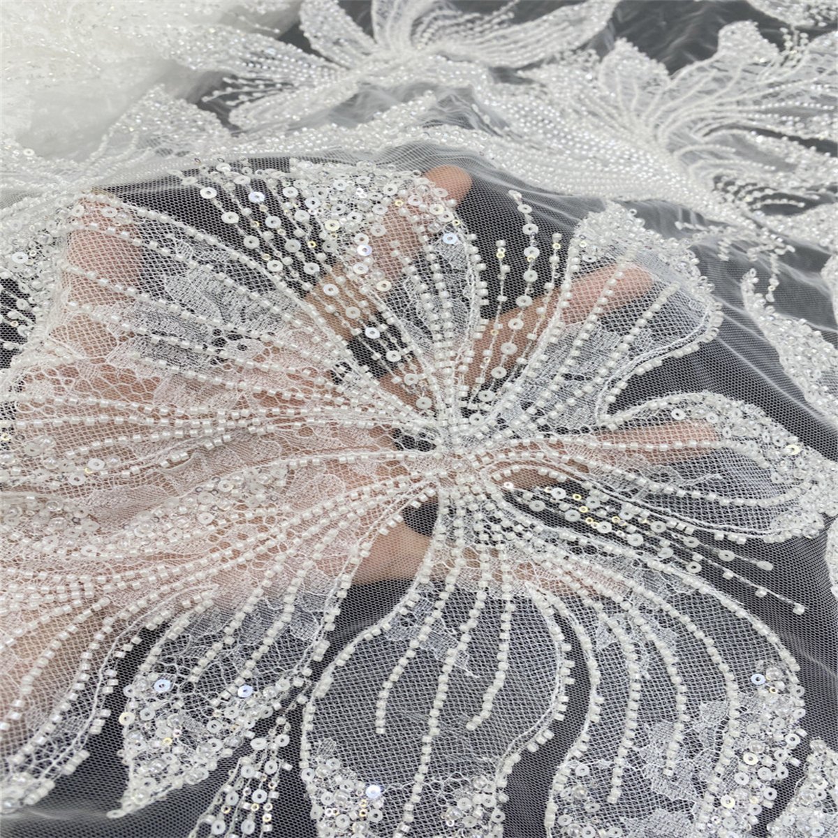 1 Yard Luxury White Sequin Crystal Pearl Beaded Embroidered Bridal Lace Fabric for Wedding & Evening Gowns