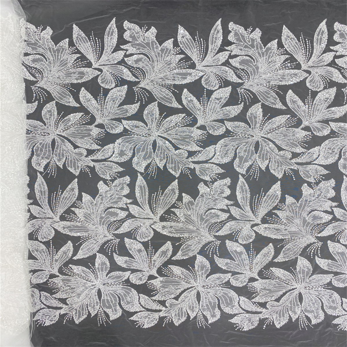 1 Yard Luxury White Sequin Crystal Pearl Beaded Embroidered Bridal Lace Fabric for Wedding & Evening Gowns