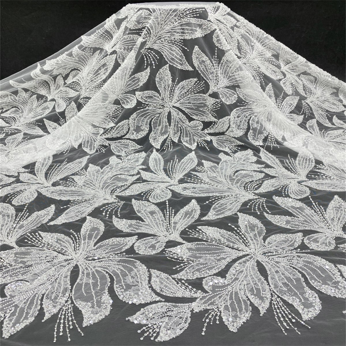 1 Yard Luxury White Sequin Crystal Pearl Beaded Embroidered Bridal Lace Fabric for Wedding & Evening Gowns