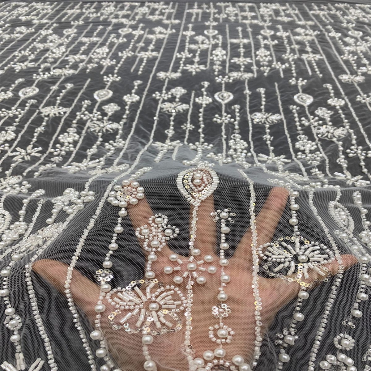 1 Yard Luxury White Crystal Pearl Beaded Bridal Lace Fabric for Wedding Gowns TDD455
