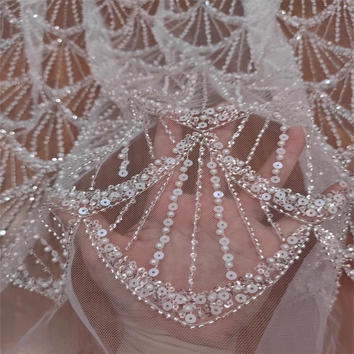 1 Yard Off White Crystal Pearl Beaded Bridal Lace Fabric – Luxury Wedding Gown and Bridal Dress Material