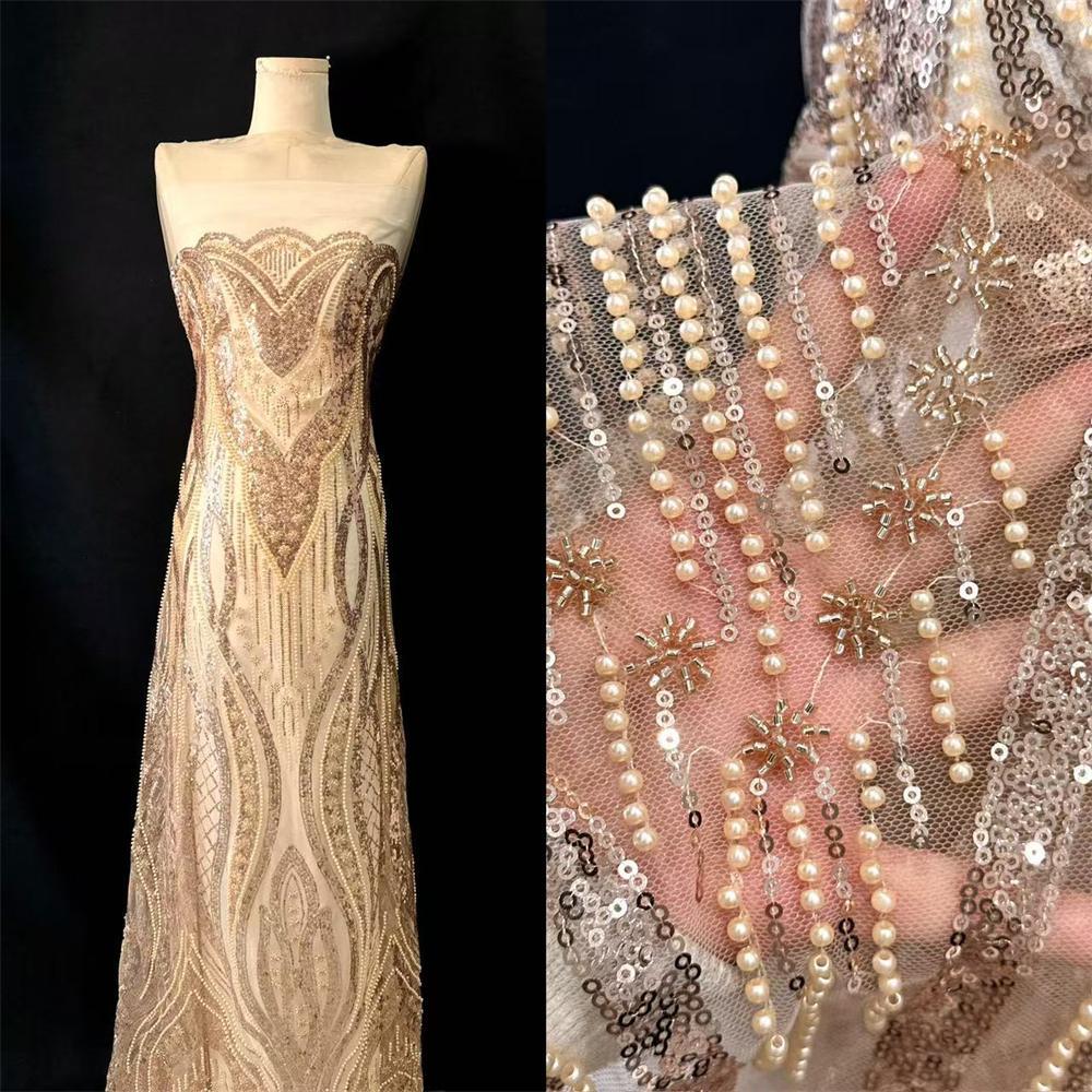5 Yards Crystal Pearl Beaded Lace Fabric — Luxury Evening Gown and Dress Material