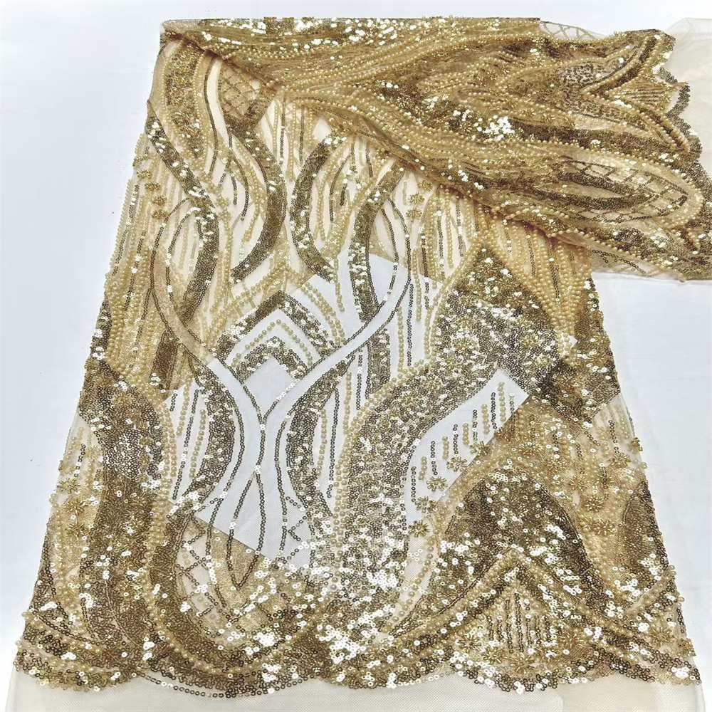 5 Yards Crystal Pearl Beaded Lace Fabric — Luxury Wedding Gown and Evening Dress Material