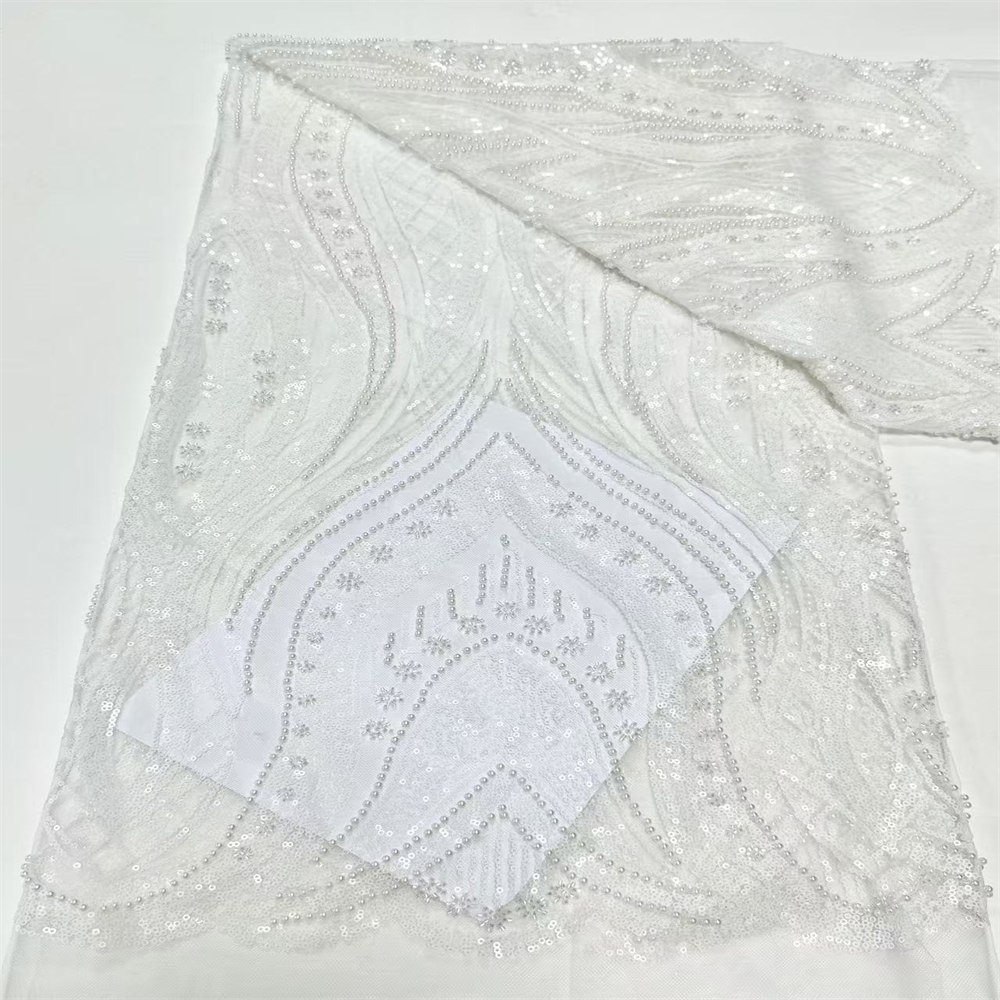 5 Yards Crystal Pearl Beaded Lace Fabric — Luxury Wedding Gown and Evening Dress Material