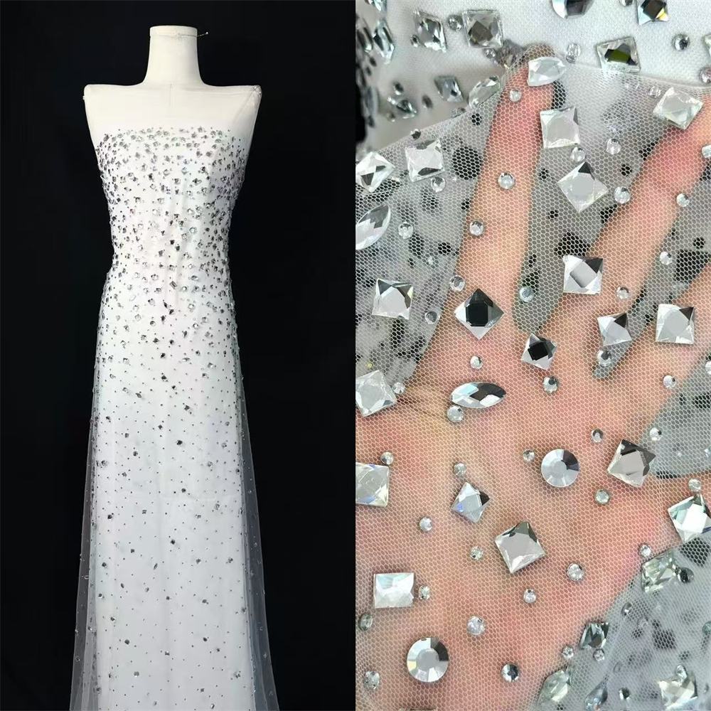 5 Yards Crystal Rhinestone Lace Fabric — Luxury Wedding Gown and Evening Dress Material