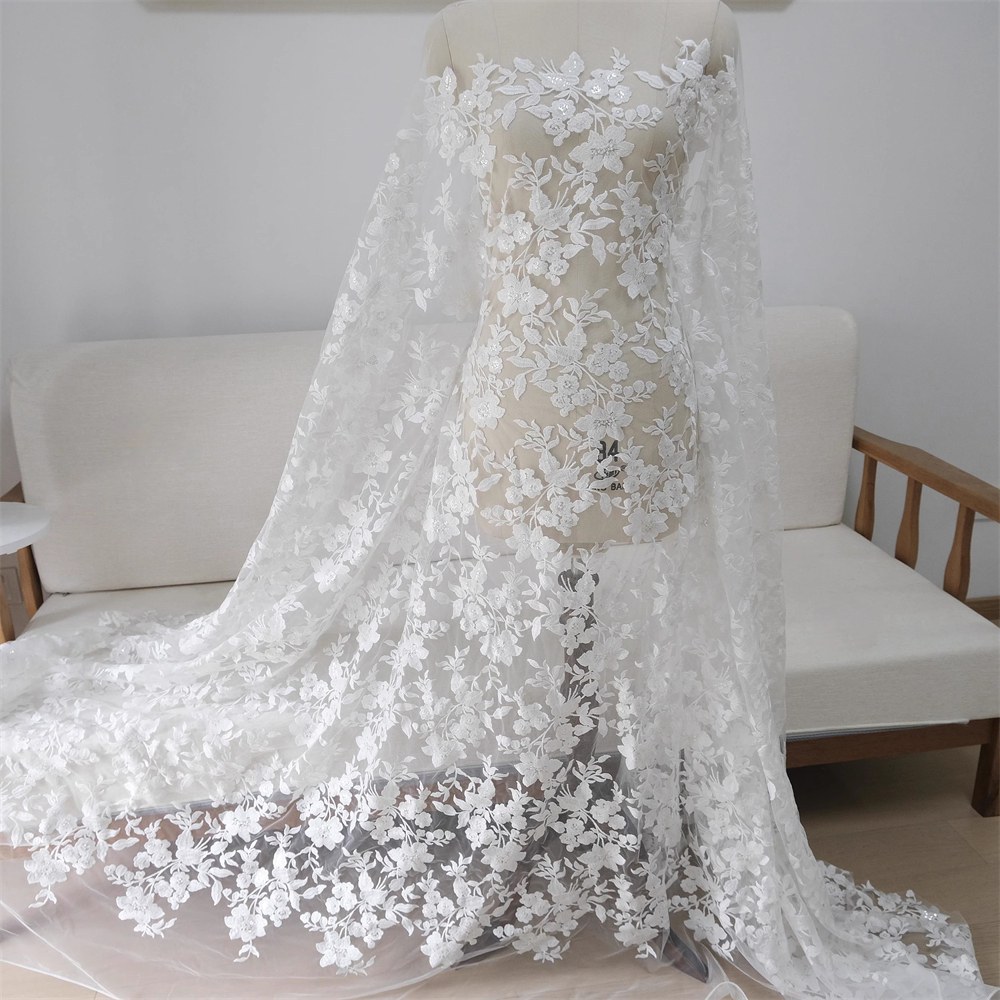 1 Yard Sequin Embroidered Bridal Lace Fabric – Luxury Wedding Gown and Bridal Dress Material