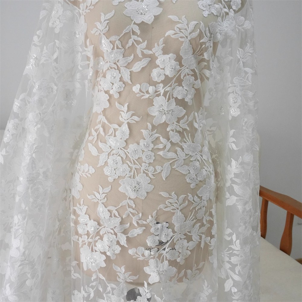 1 Yard Sequin Embroidered Bridal Lace Fabric – Luxury Wedding Gown and Bridal Dress Material