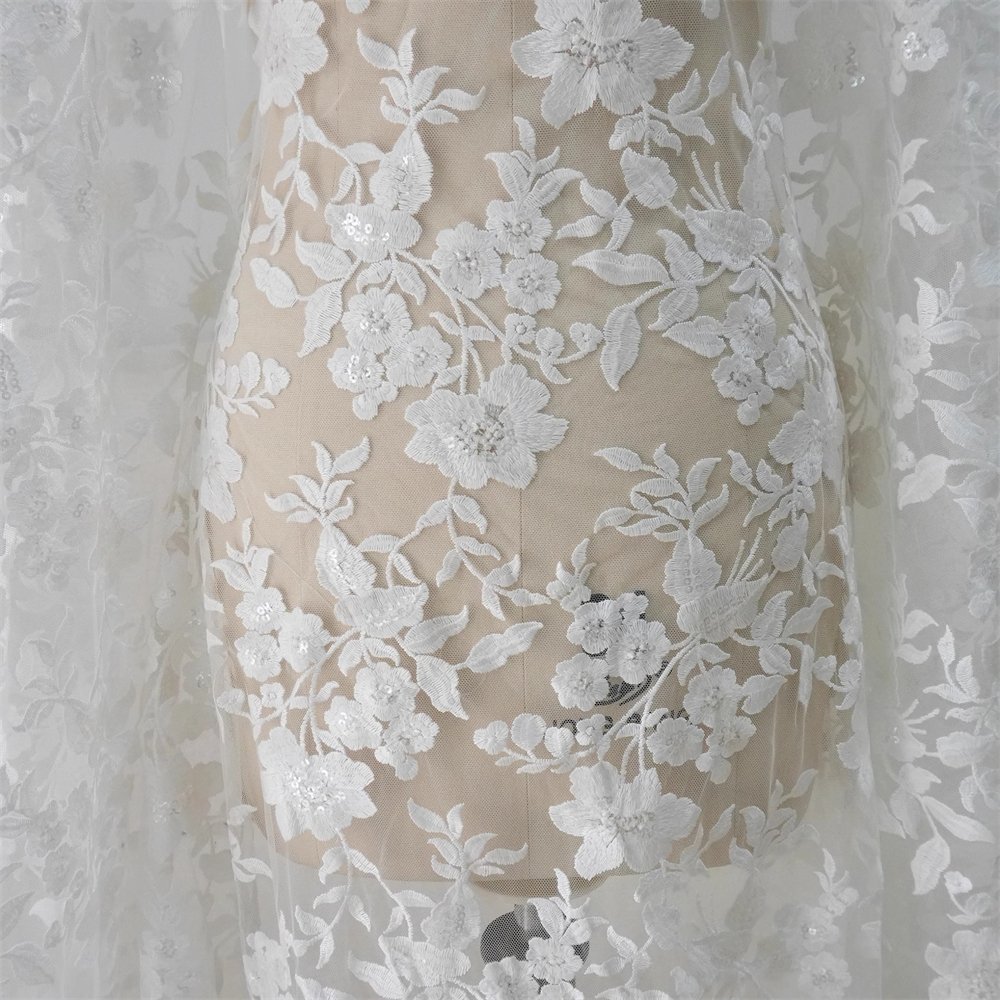 1 Yard Sequin Embroidered Bridal Lace Fabric – Luxury Wedding Gown and Bridal Dress Material