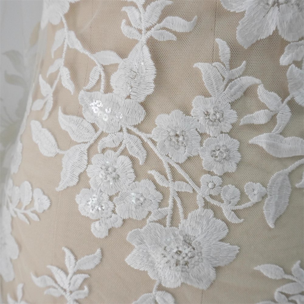1 Yard Sequin Embroidered Bridal Lace Fabric – Luxury Wedding Gown and Bridal Dress Material