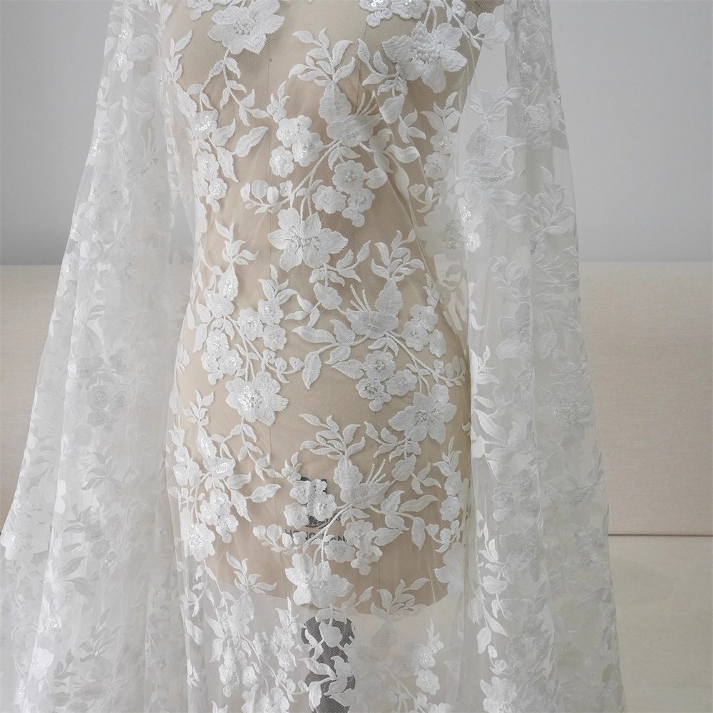 1 Yard Bridal Lace Fabric, Embroidered Sequin Tulle Wedding Lace Fabric | Love in Lace