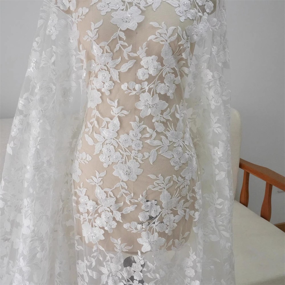 1 Yard Sequin Embroidered Bridal Lace Fabric – Luxury Wedding Gown and Bridal Dress Material