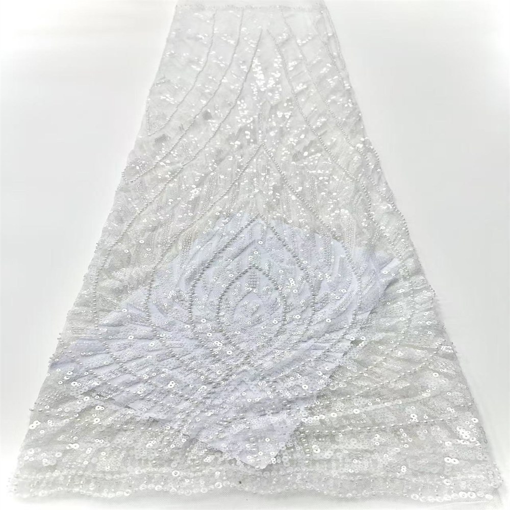 5 Yards Pearl Beaded Lace Fabric – Luxury Wedding Gown and Evening Dress Material