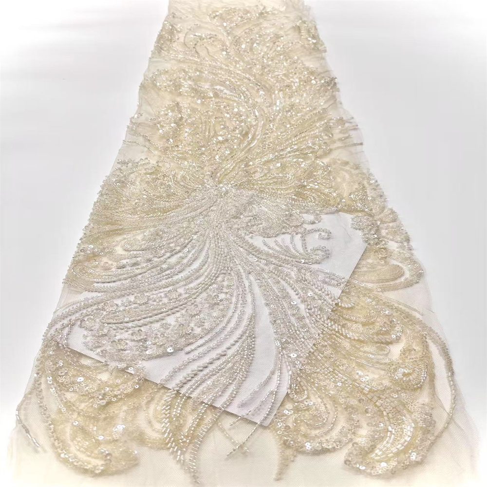 5 Yards Beaded Lace Fabric – Luxury Wedding Gown and Evening Dress Material