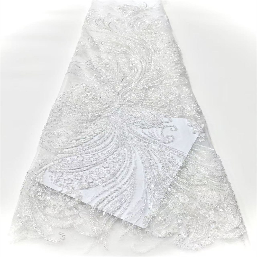 5 Yards Beaded Lace Fabric – Luxury Wedding Gown and Evening Dress Material