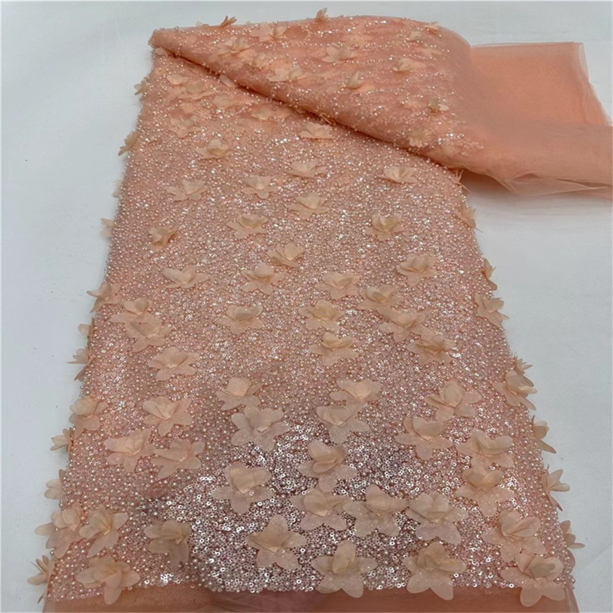 5 Yards 3D Floral Pearl Beaded Lace Fabric – Luxury Wedding Gown and Evening Dress Material | Love in Lace | NO. JLT056