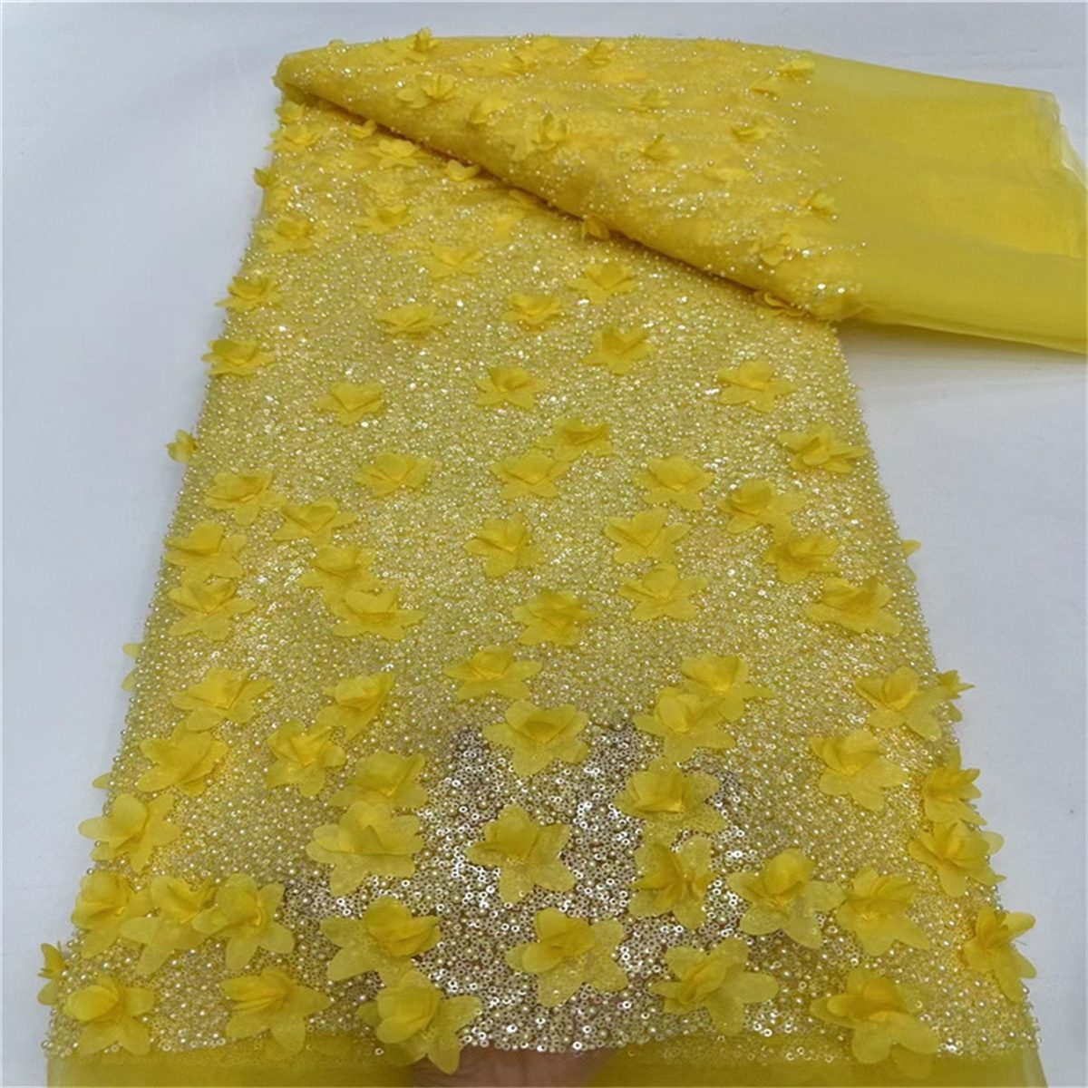 5 Yards 3D Floral Pearl Beaded Lace Fabric – Luxury Wedding Gown and Evening Dress Material | Love in Lace | NO. JLT056