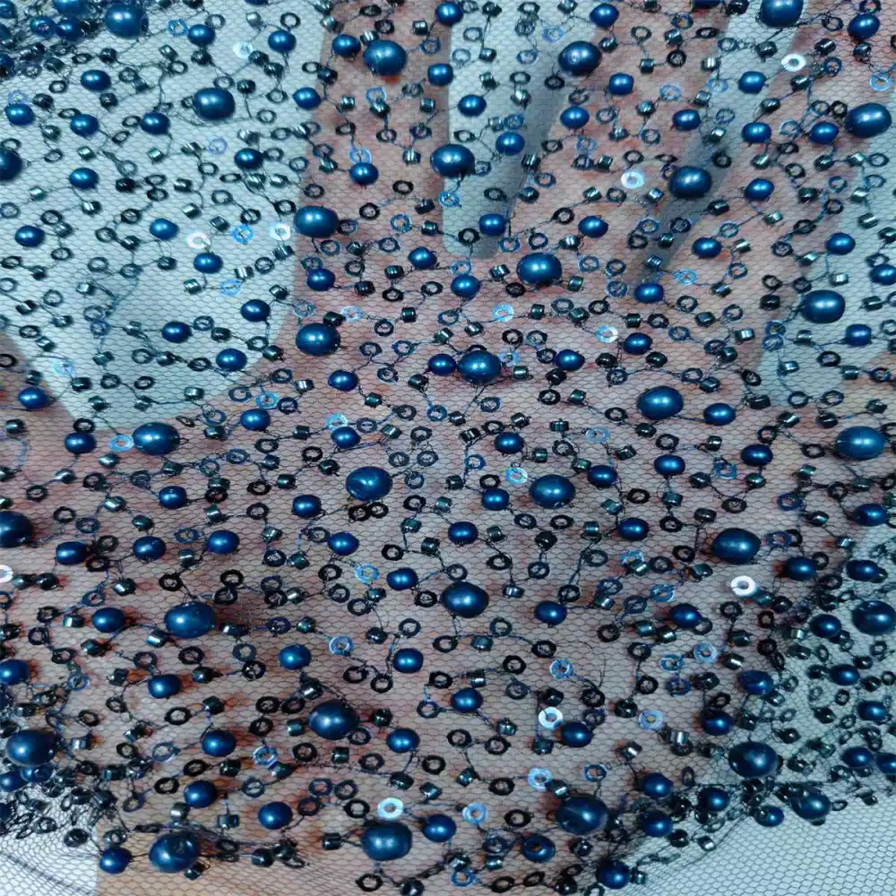 Yards Beaded Mesh Fabric, Beaded Tulle Fabric with Beads, Pearls