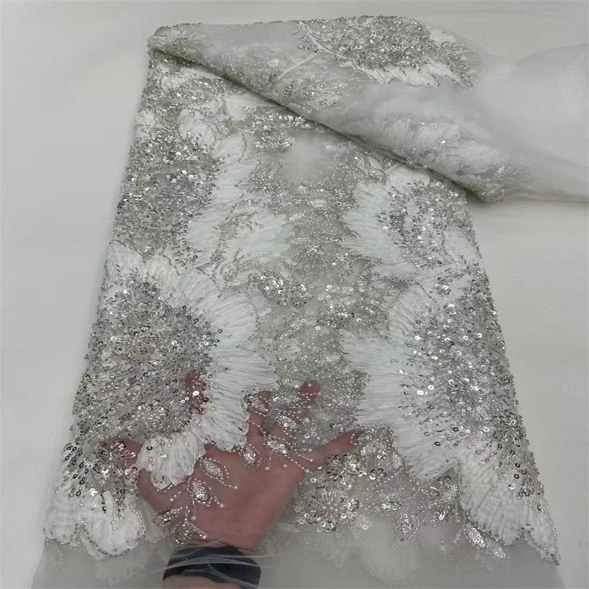5 Yards 3D Floral Pearl Beaded Lace Fabric – Luxury Wedding, Bridal, Party Gown and Evening Dress Material | Love in Lace | NO. ZT040