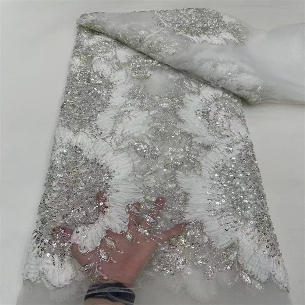 5 Yards 3D Floral Pearl Beaded Lace Fabric – Luxury Wedding, Bridal, Party Gown and Evening Dress Material | Love in Lace | NO. ZT040