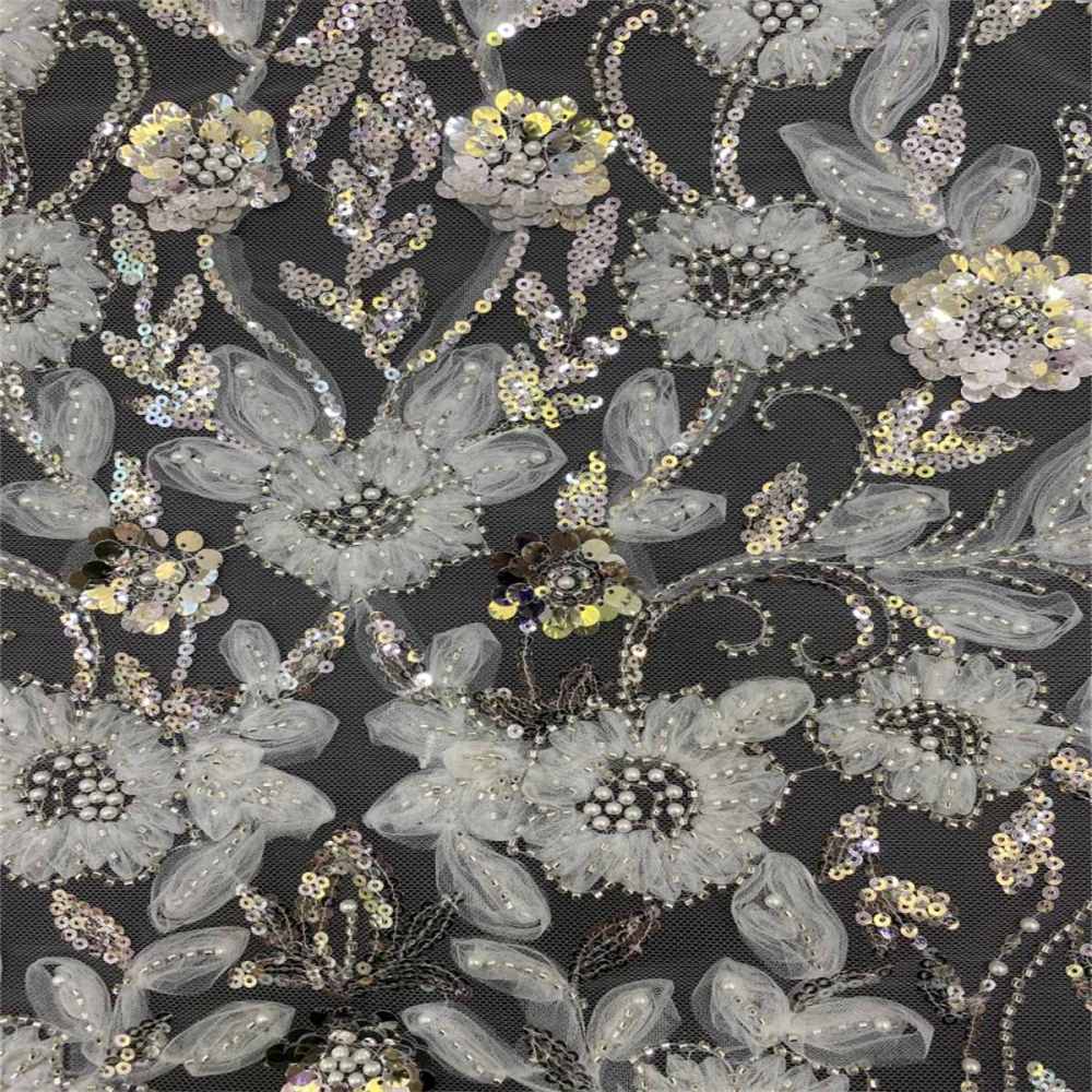 1 Yard 3D Floral Pearl Beaded Bridal Lace Fabric – Luxury Wedding Gown and Bridal Dress Material | Love in Lace | NO. TDD464