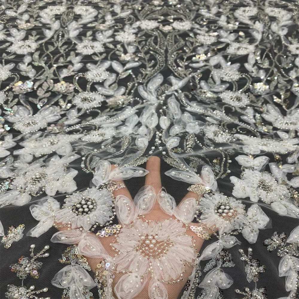 1 Yard 3D Floral Pearl Beaded Bridal Lace Fabric – Luxury Wedding Gown and Bridal Dress Material | Love in Lace | NO. TDD464