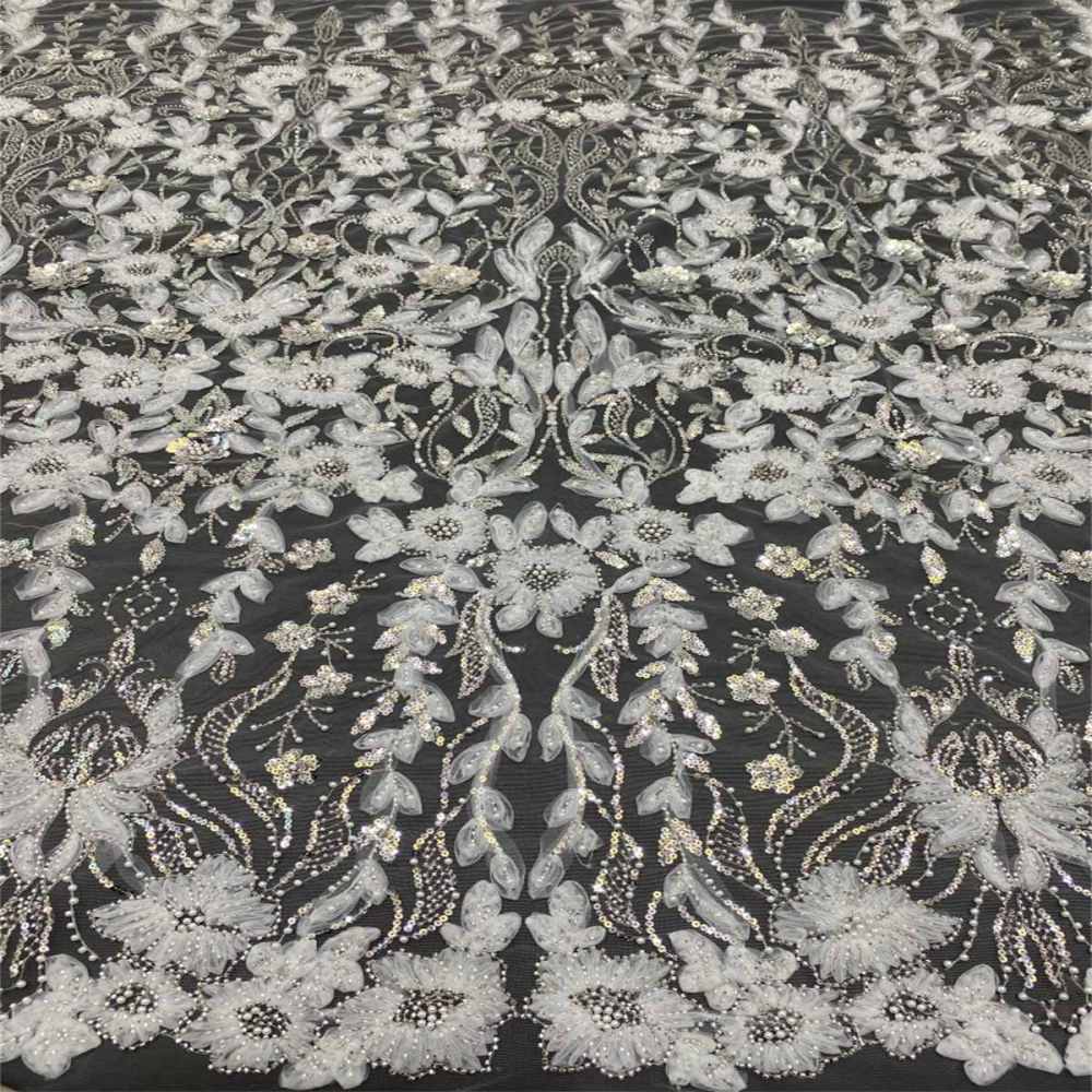 1 Yard 3D Floral Pearl Beaded Bridal Lace Fabric – Luxury Wedding Gown and Bridal Dress Material | Love in Lace | NO. TDD464