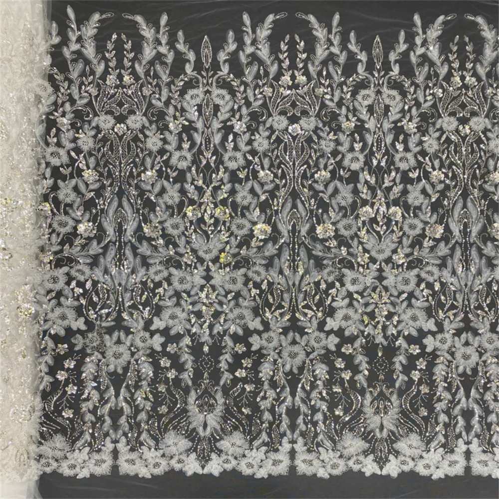 1 Yard 3D Floral Pearl Beaded Bridal Lace Fabric – Luxury Wedding Gown and Bridal Dress Material | Love in Lace | NO. TDD464