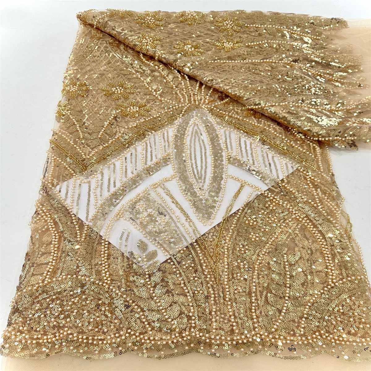 5 Yards Pearl Beaded Lace Fabric — Luxury Wedding, Bridal, Party Gown and Evening Dress Material | Love in Lace | NO. HN263
