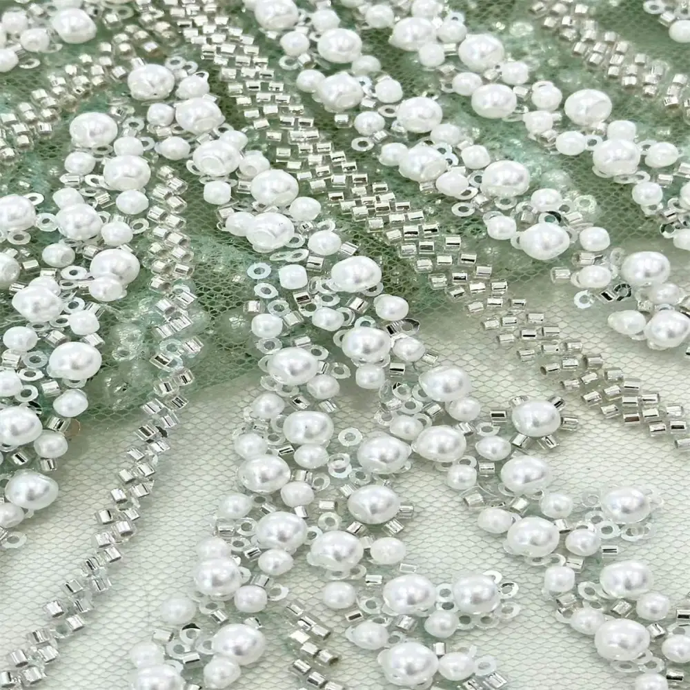 beaded dress material 5 YARDS / Erine Geometric Silver Beaded Glitter Embroidery Mesh Lace Party Prom Bridal Dress Fabric