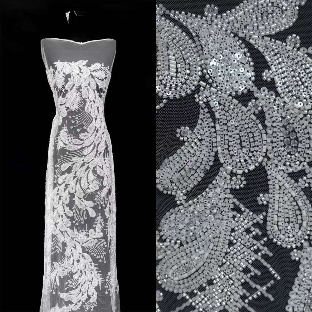 5 Yards Crystal Beaded Lace Fabric – Luxury Wedding, Bridal, Party Gown and Evening Dress Material | Love in Lace | NO. HN279
