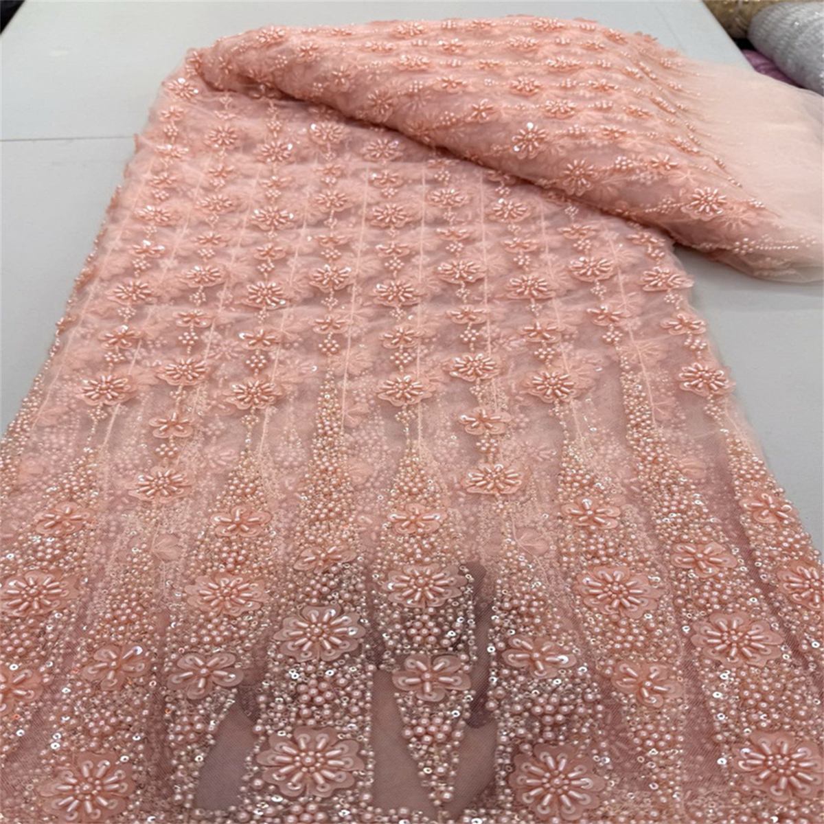 5 Yards 3D Floral Pearl Beaded Lace Fabric – Luxury Wedding, Bridal, Party Gown and Evening Dress Material | Love in Lace | NO. JX409