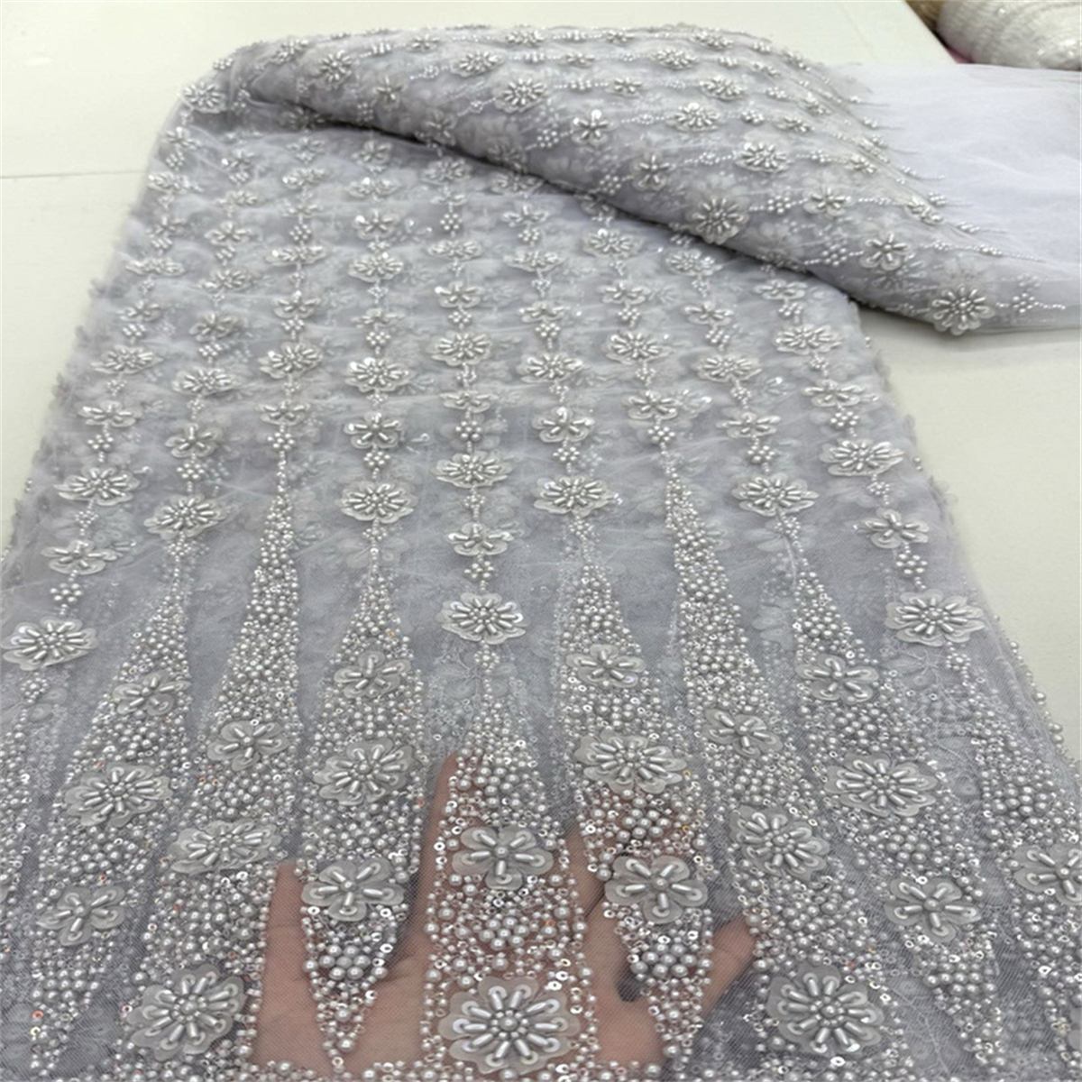 5 Yards 3D Floral Pearl Beaded Lace Fabric – Luxury Wedding, Bridal, Party Gown and Evening Dress Material | Love in Lace | NO. JX409