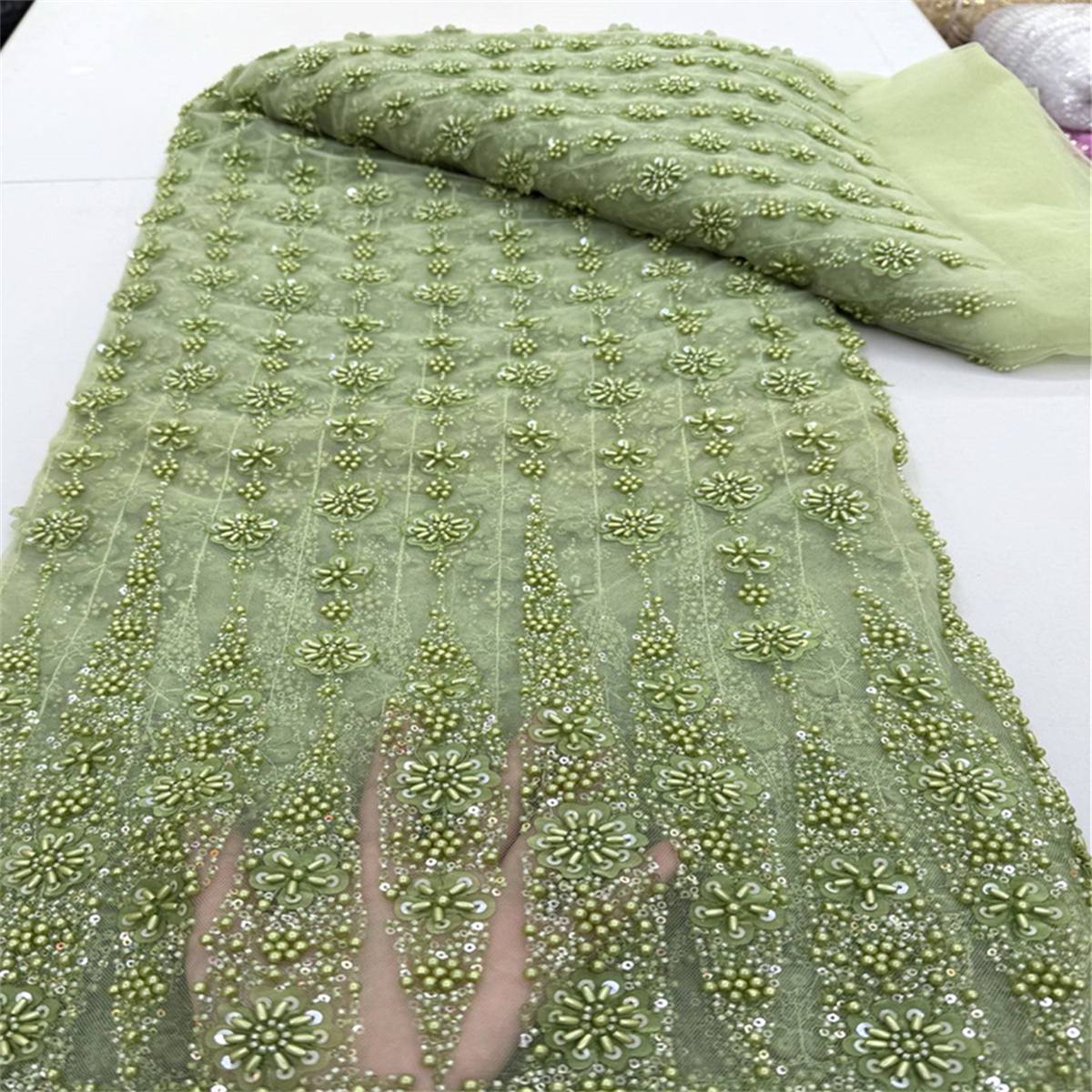 5 Yards 3D Floral Pearl Beaded Lace Fabric – Luxury Wedding, Bridal, Party Gown and Evening Dress Material | Love in Lace | NO. JX409